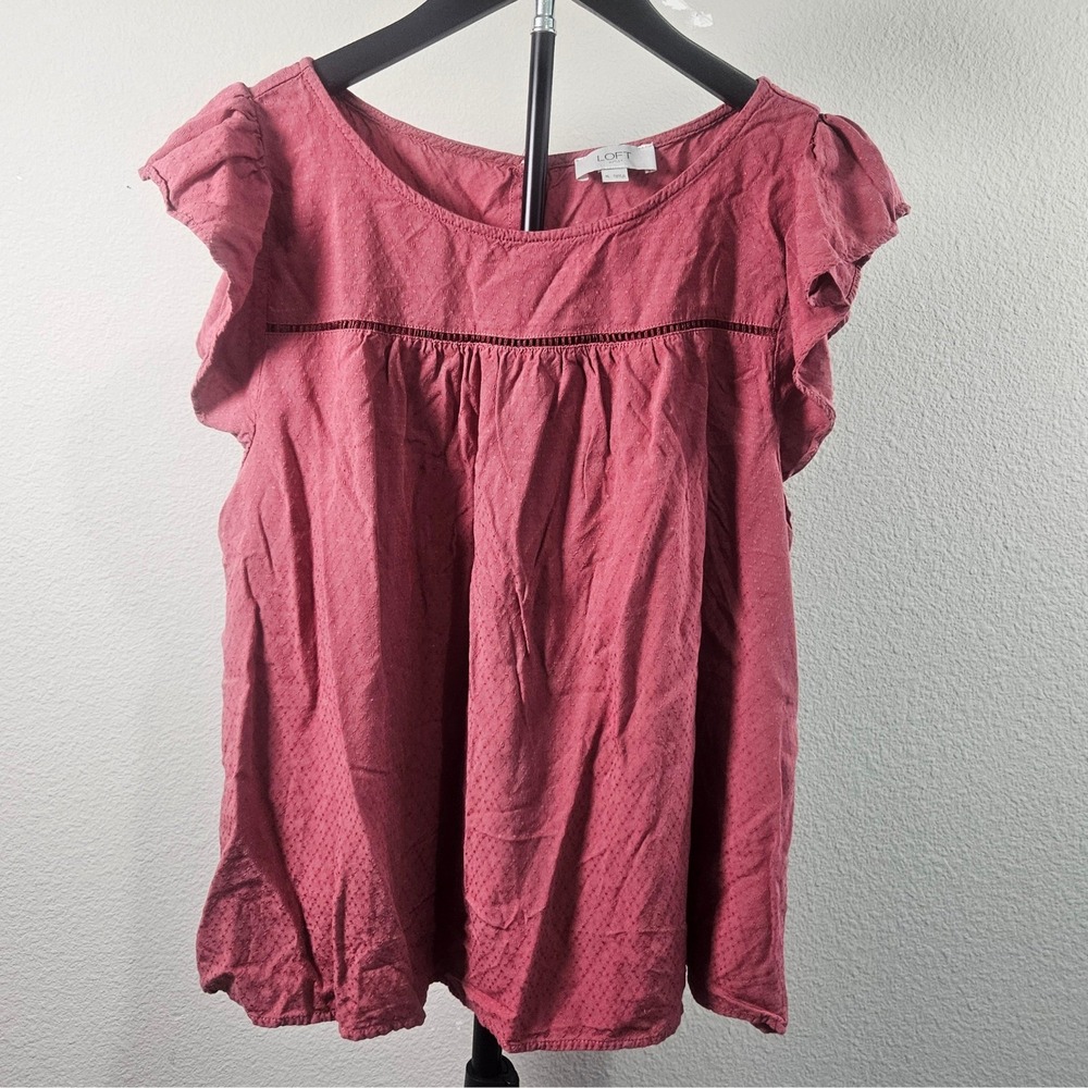 LOFT Blouse Womens XL Pink Flutter Sleeve Ladder Stitch Dobby Boho Chic Top - Picture 2 of 11